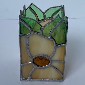 Stained Glass Candle Holder 5” Tall Sunflower Floral Yellow Mirror Bottom Votive